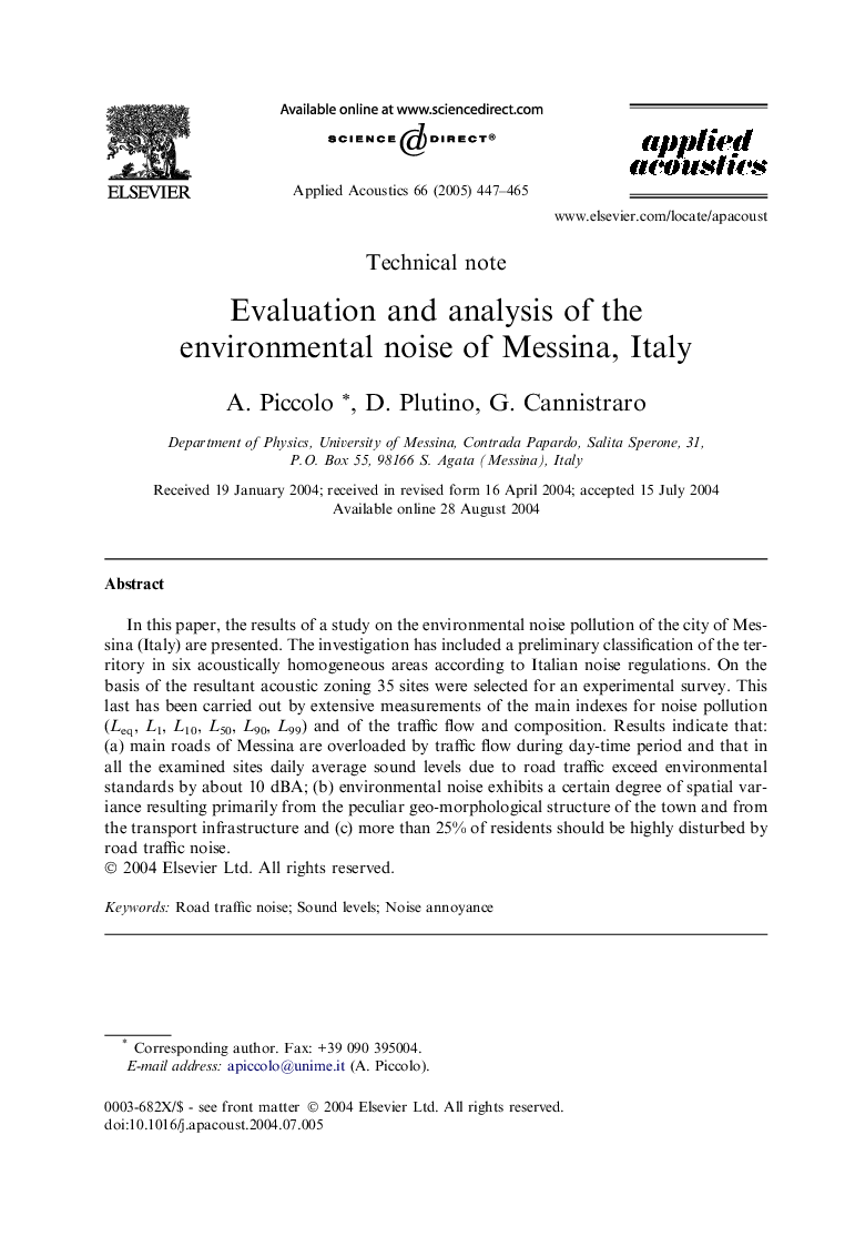 Evaluation and analysis of the environmental noise of Messina, Italy