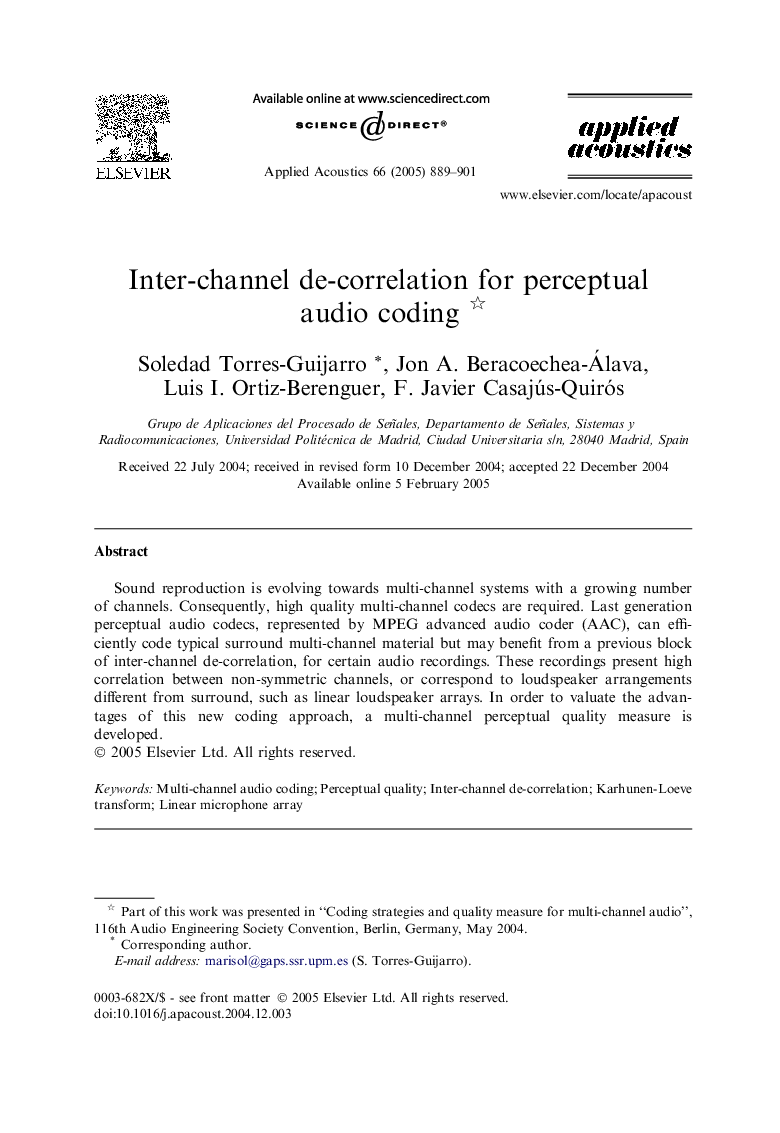 Inter-channel de-correlation for perceptual audio coding