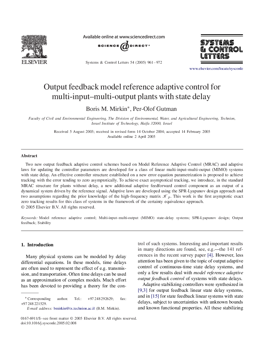 Output feedback model reference adaptive control for multi-input-multi-output plants with state delay