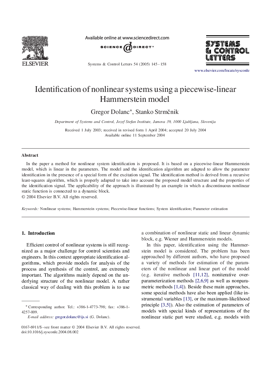 Identification of nonlinear systems using a piecewise-linear Hammerstein model