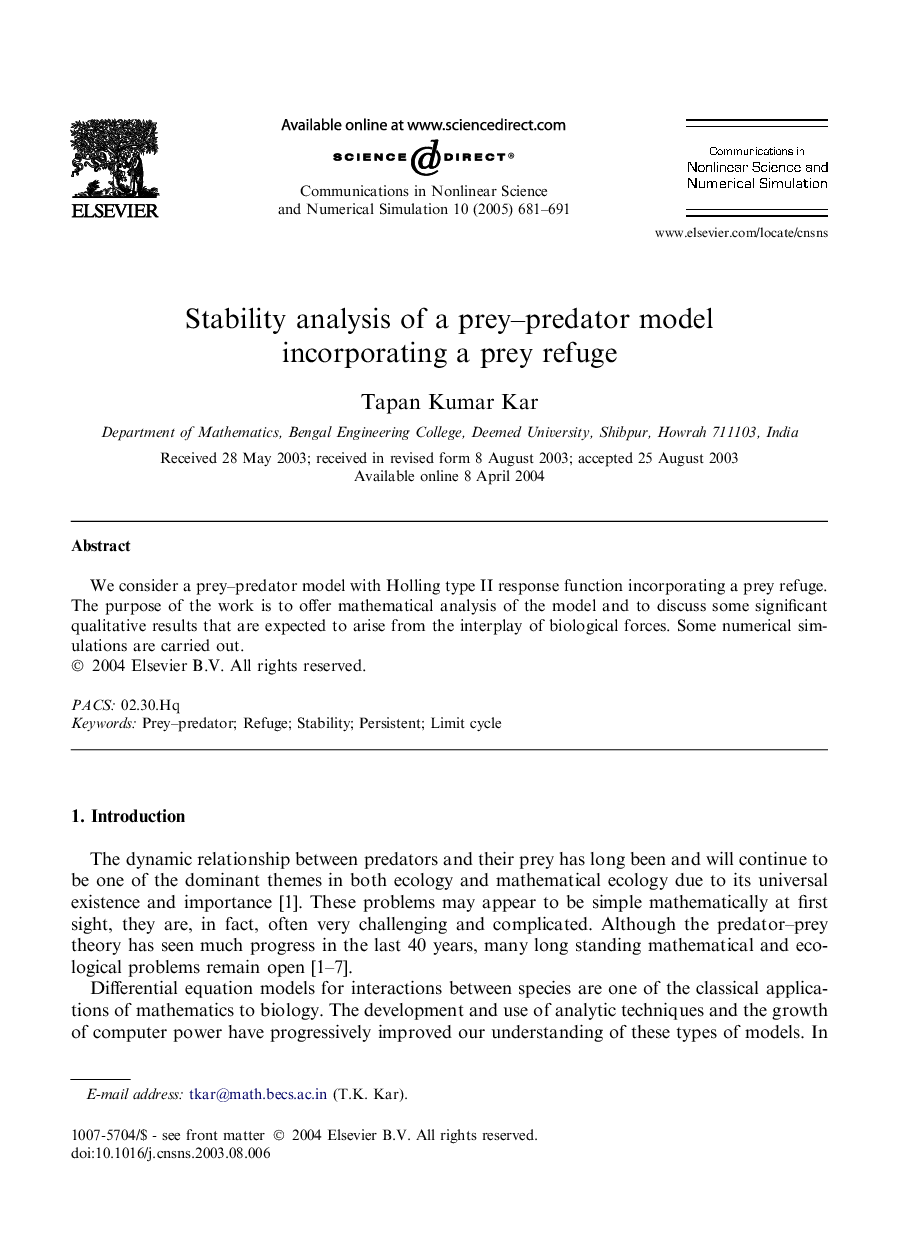 Stability analysis of a prey-predator model incorporating a prey refuge