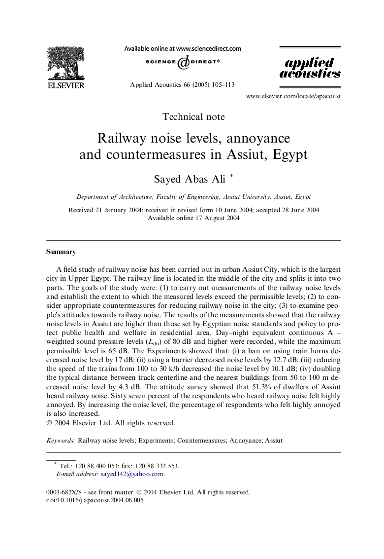 Railway noise levels, annoyance and countermeasures in Assiut, Egypt