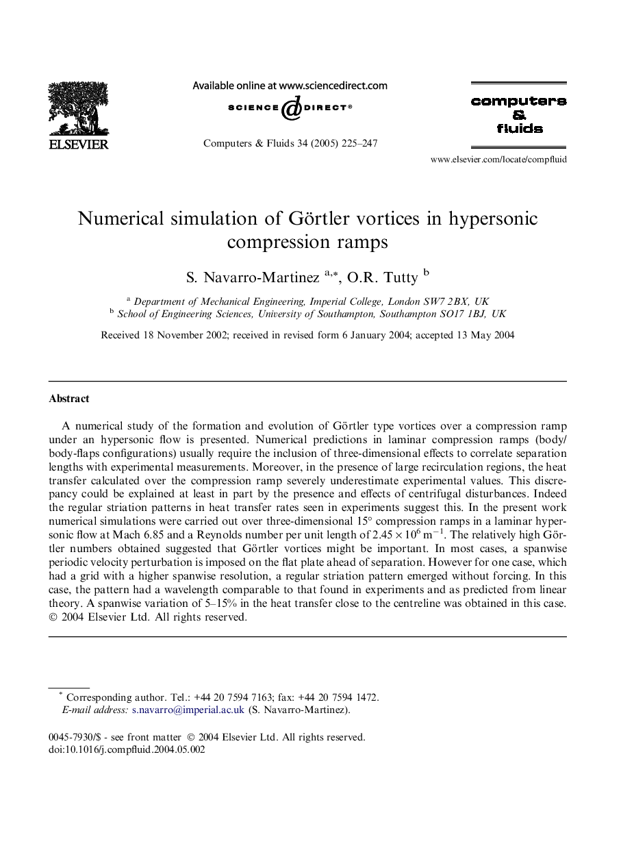 Numerical simulation of Görtler vortices in hypersonic compression ramps