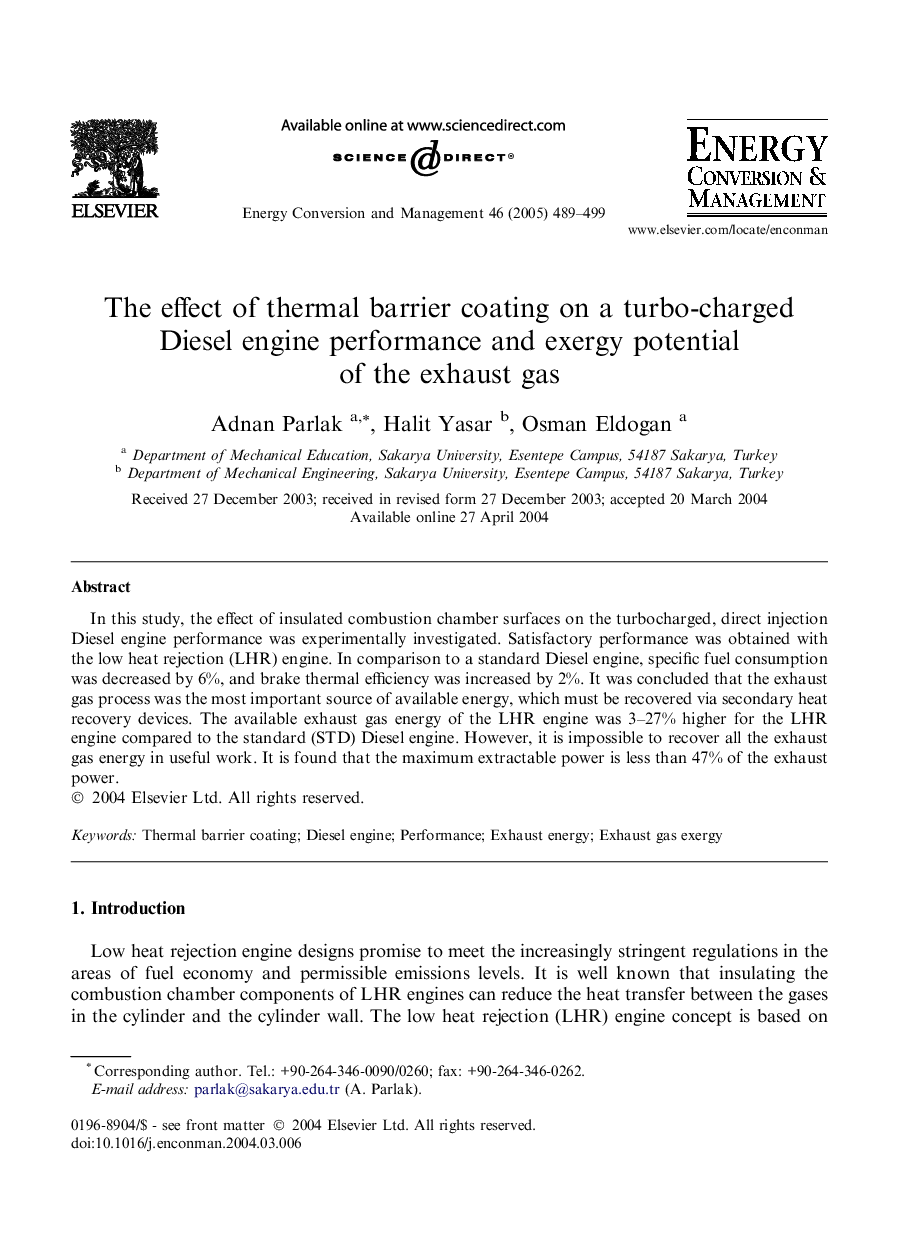 The effect of thermal barrier coating on a turbo-charged Diesel engine performance and exergy potential of the exhaust gas