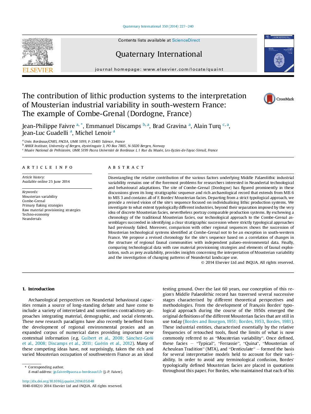 The contribution of lithic production systems to the interpretation of Mousterian industrial variability in south-western France: The example of Combe-Grenal (Dordogne, France)