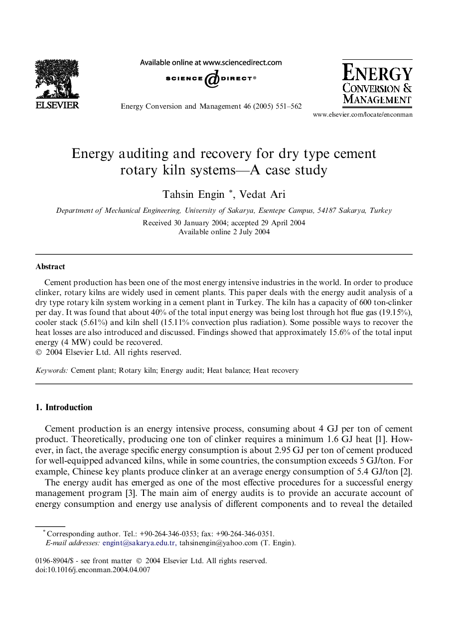 Energy auditing and recovery for dry type cement rotary kiln systems--A case study