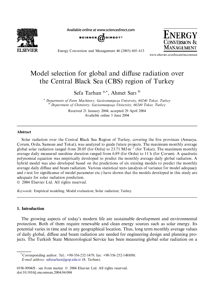 Model selection for global and diffuse radiation over the Central Black Sea (CBS) region of Turkey