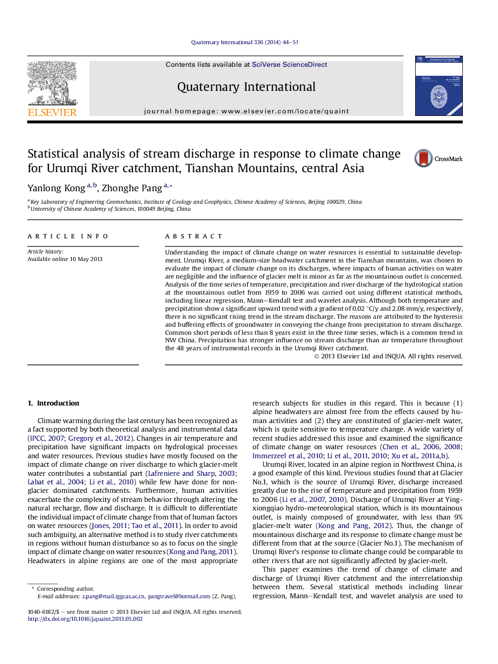 Statistical analysis of stream discharge in response to climate change for Urumqi River catchment, Tianshan Mountains, central Asia