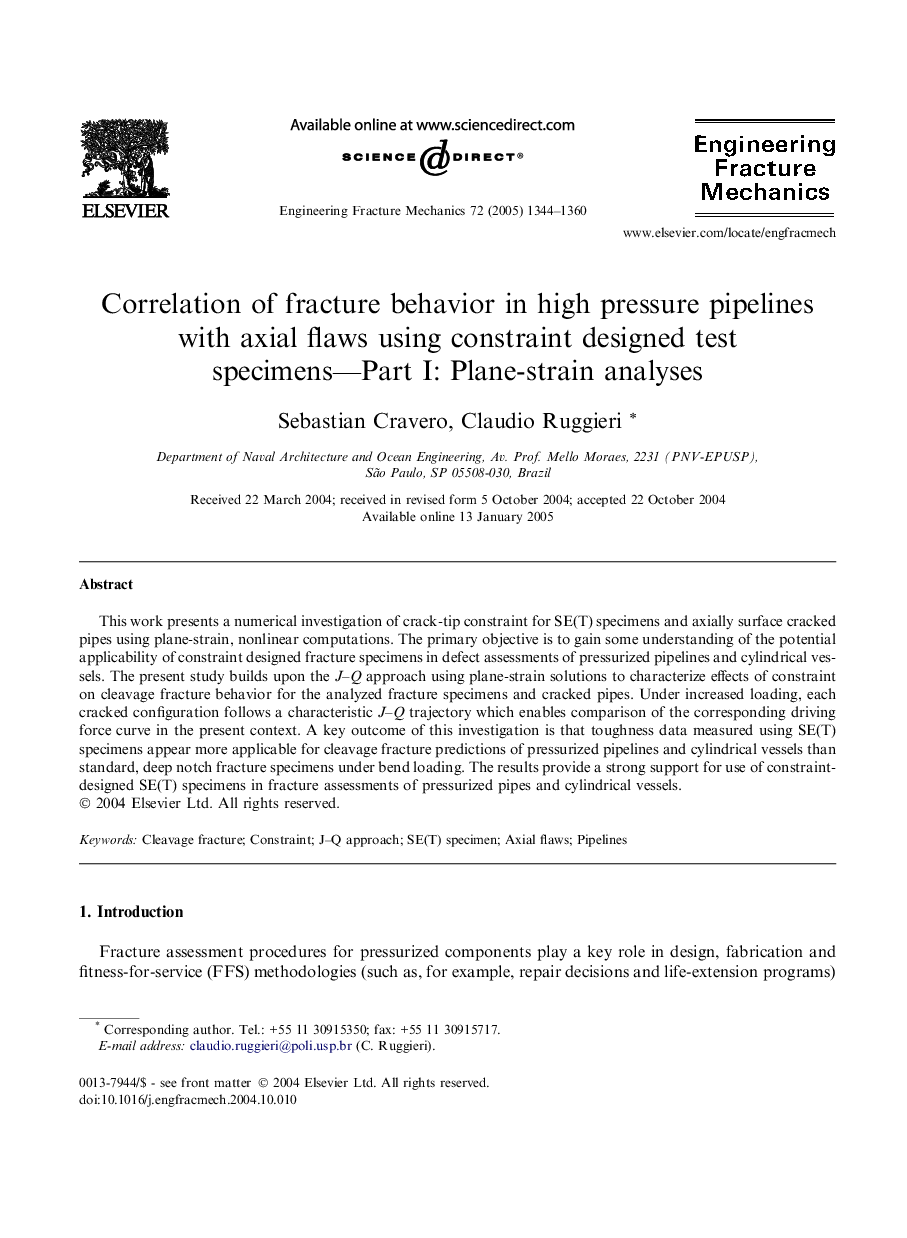 Correlation of fracture behavior in high pressure pipelines with axial flaws using constraint designed test specimens--Part I: Plane-strain analyses