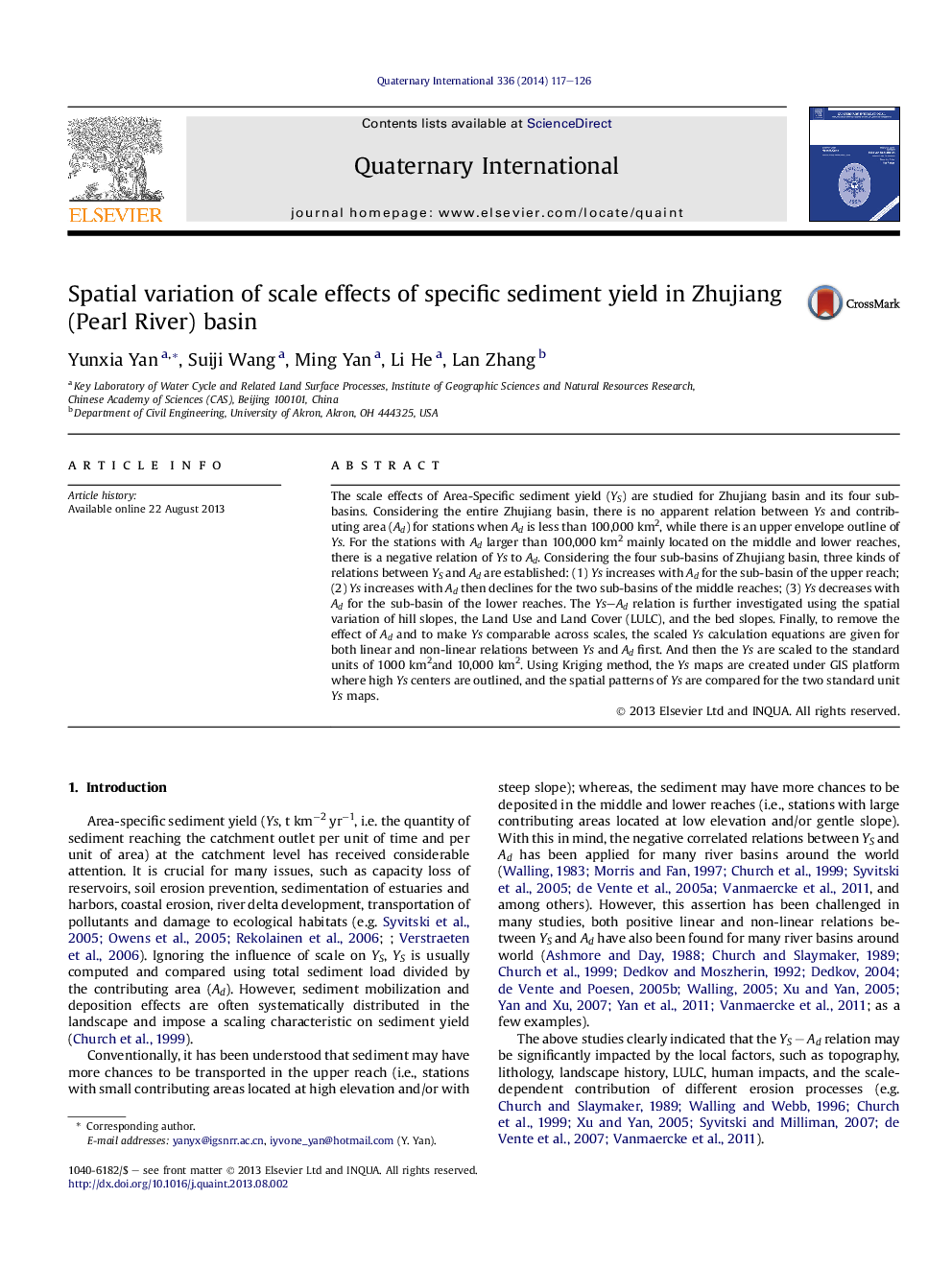 Spatial variation of scale effects of specific sediment yield in Zhujiang (Pearl River) basin