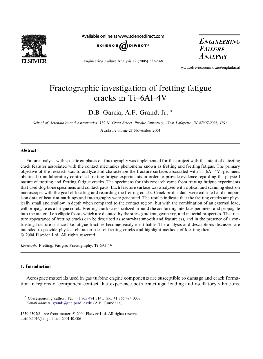 Fractographic investigation of fretting fatigue cracks in Ti-6Al-4V