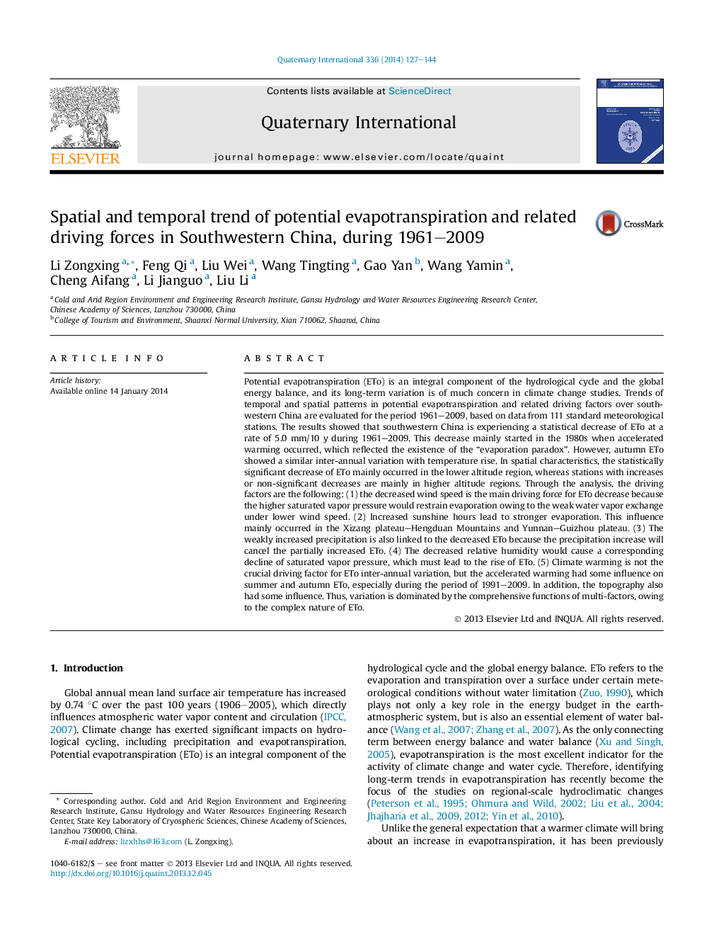 Spatial and temporal trend of potential evapotranspiration and related driving forces in Southwestern China, during 1961–2009