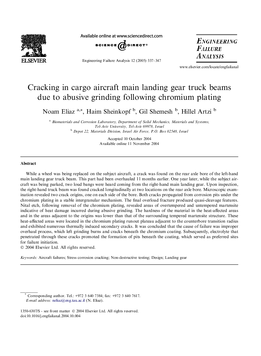 Cracking in cargo aircraft main landing gear truck beams due to abusive grinding following chromium plating