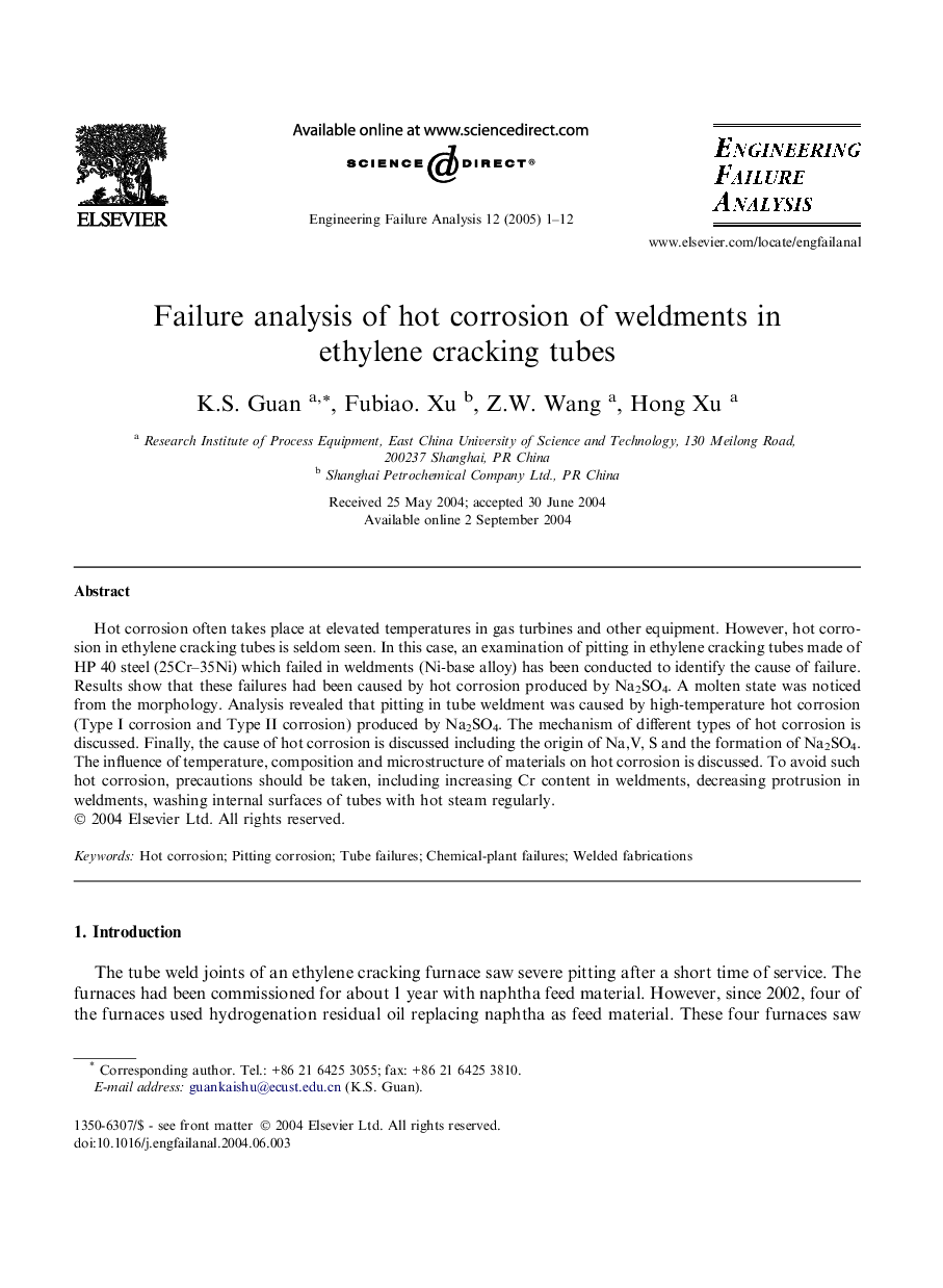 Failure analysis of hot corrosion of weldments in ethylene cracking tubes