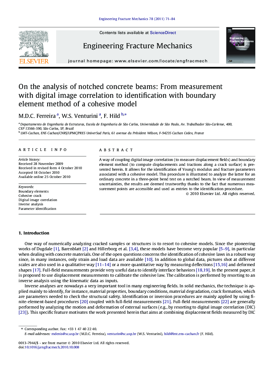 On the analysis of notched concrete beams: From measurement with digital image correlation to identification with boundary element method of a cohesive model