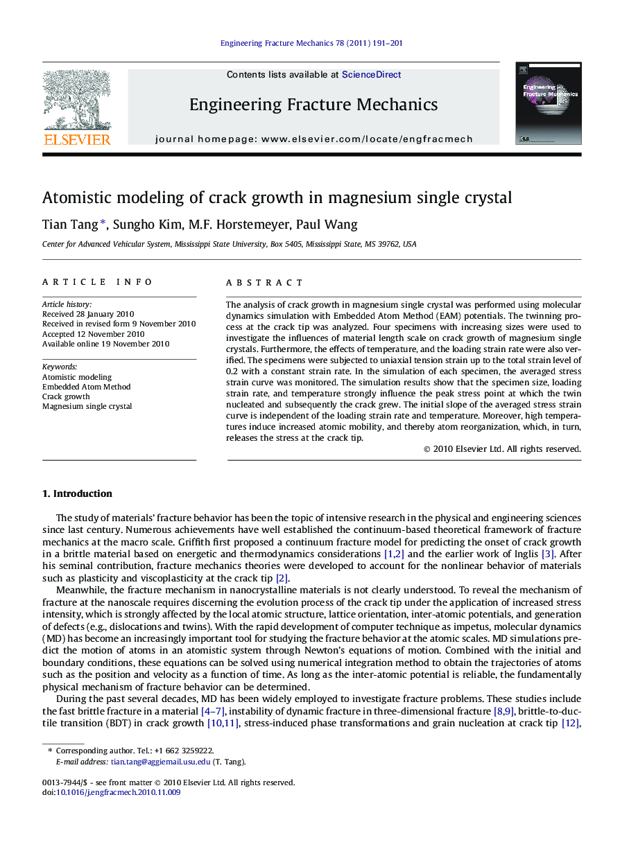 Atomistic modeling of crack growth in magnesium single crystal