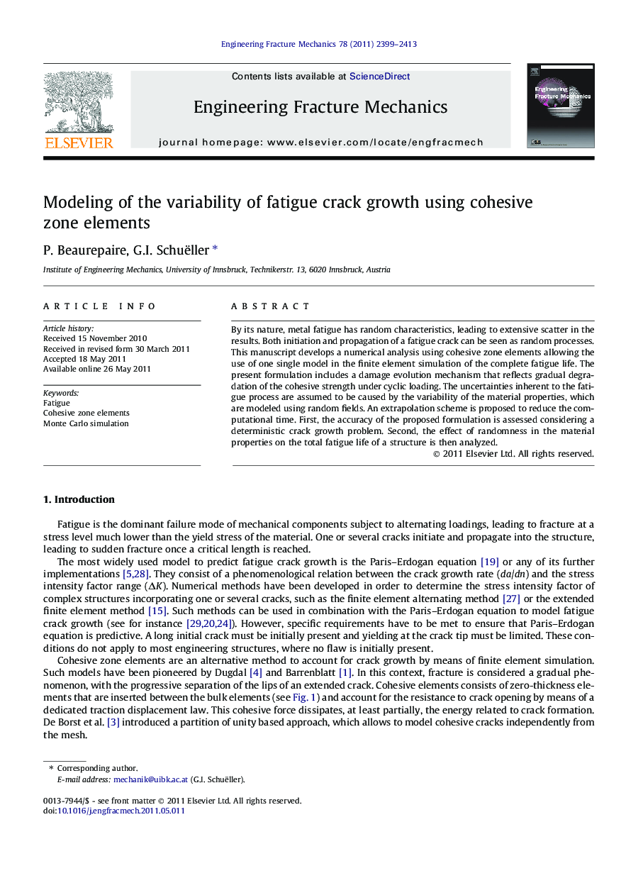 Modeling of the variability of fatigue crack growth using cohesive zone elements