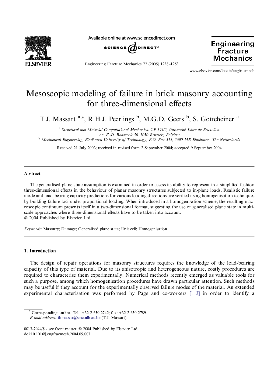 Mesoscopic modeling of failure in brick masonry accounting for three-dimensional effects