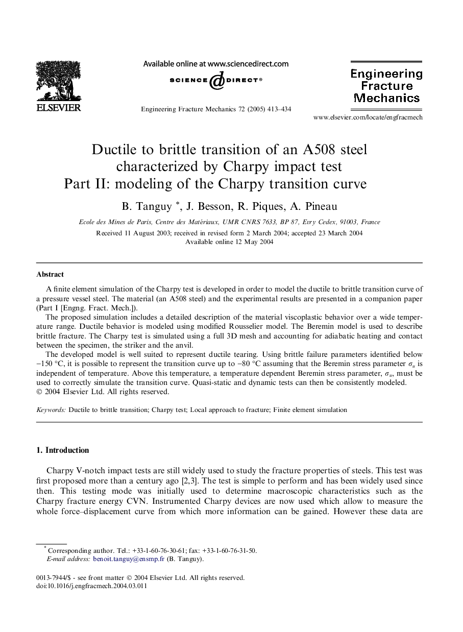 Ductile to brittle transition of an A508 steel characterized by Charpy impact test