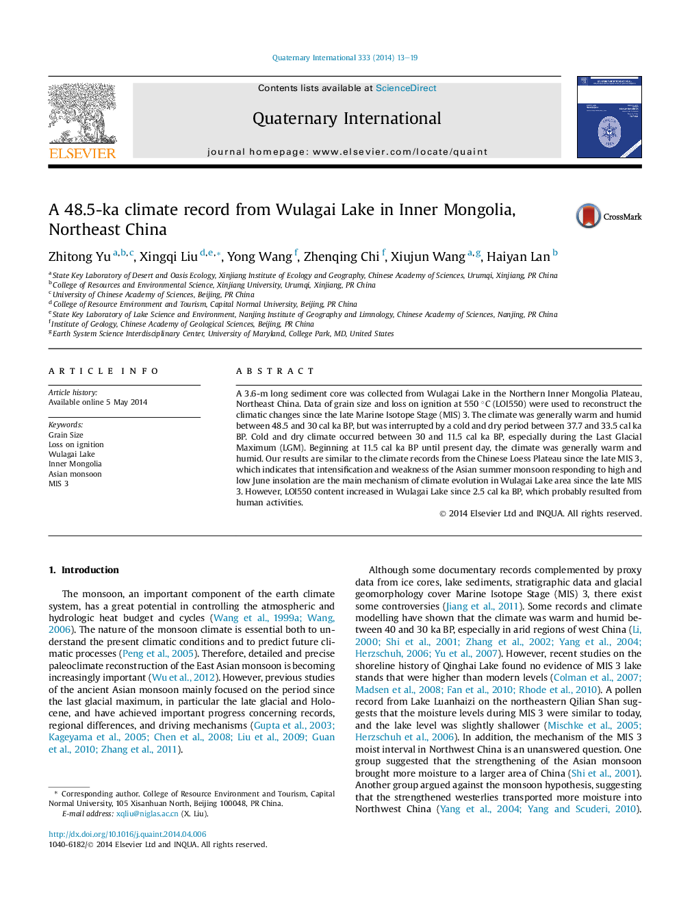 A 48.5-ka climate record from Wulagai Lake in Inner Mongolia, Northeast China