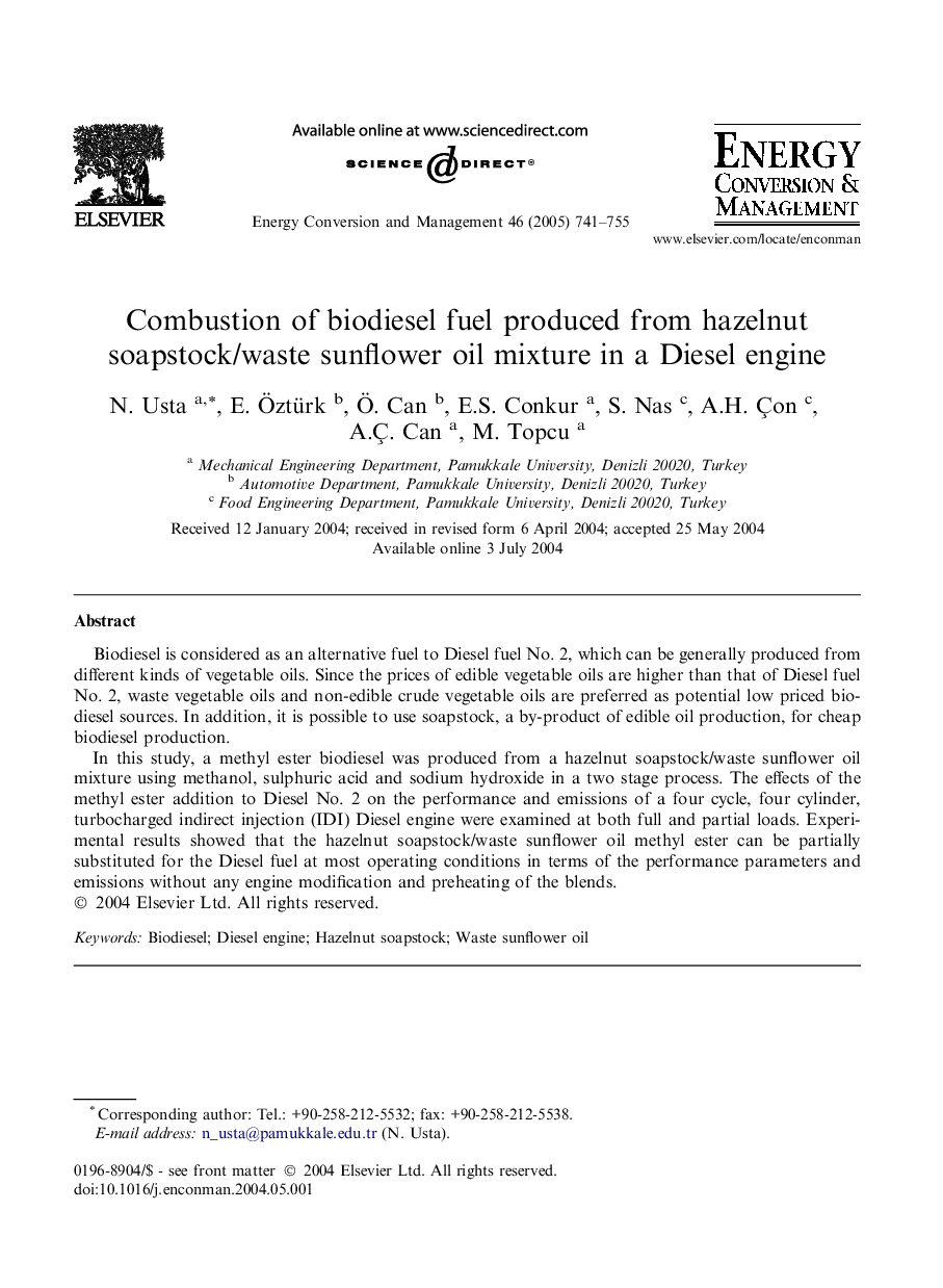 Combustion of biodiesel fuel produced from hazelnut soapstock/waste sunflower oil mixture in a Diesel engine