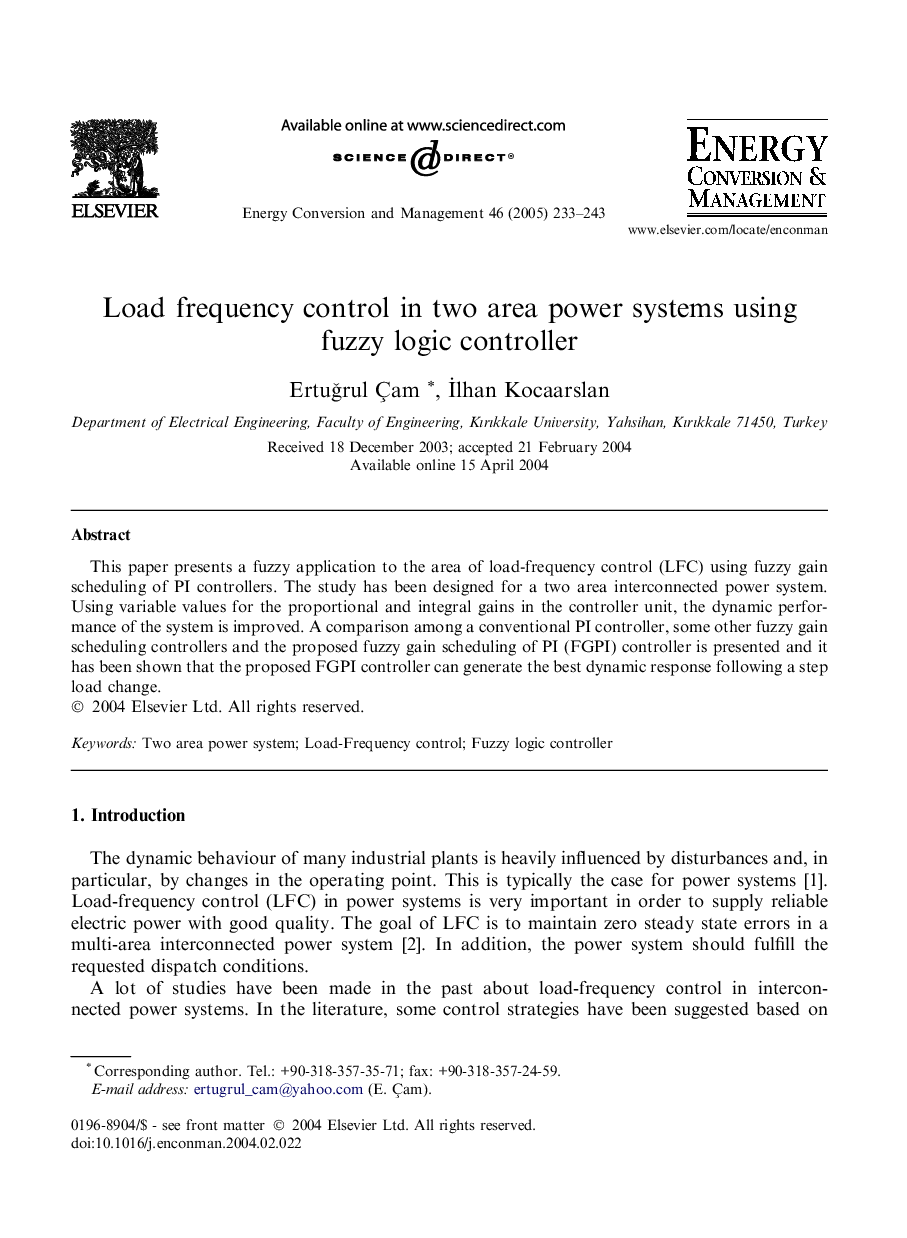 Load frequency control in two area power systems using fuzzy logic controller