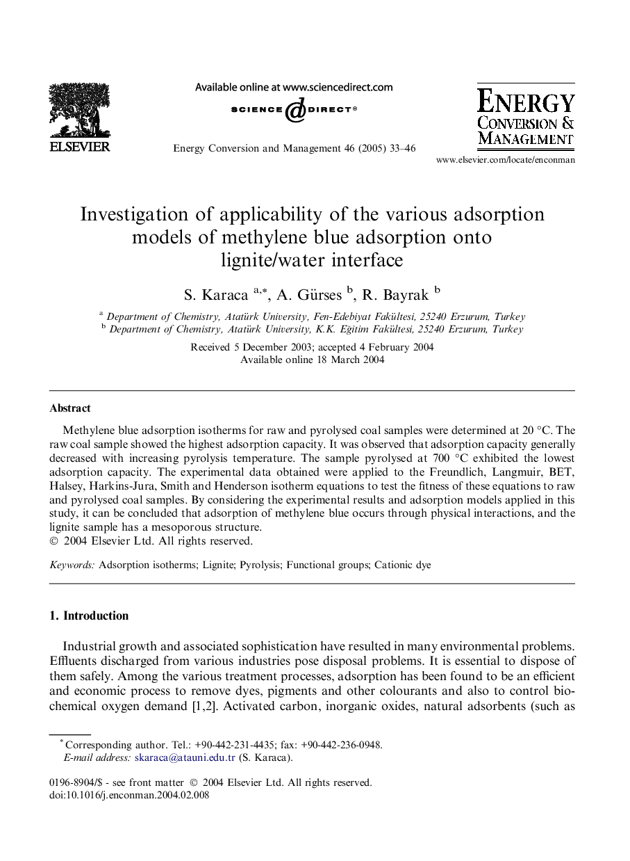 Investigation of applicability of the various adsorption models of methylene blue adsorption onto lignite/water interface