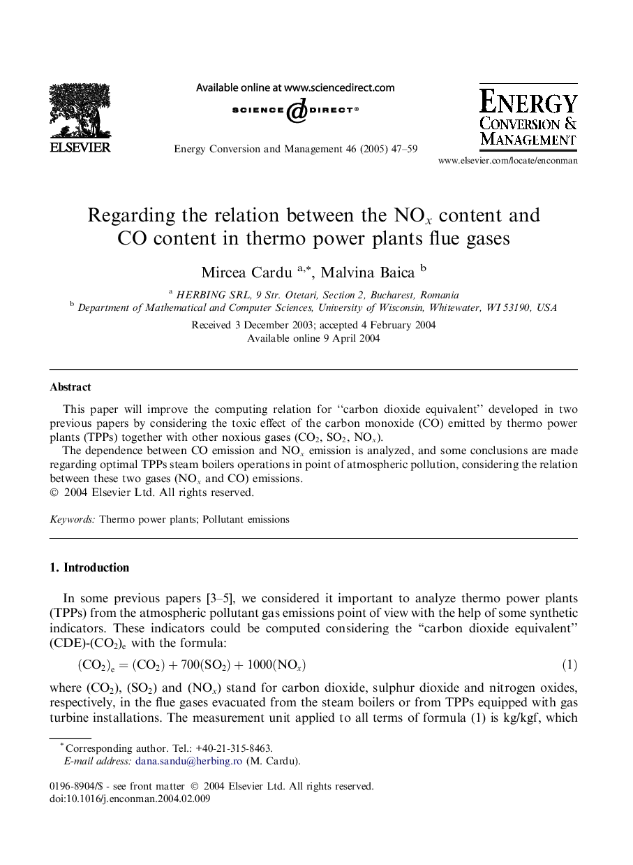 Regarding the relation between the NOx content and CO content in thermo power plants flue gases