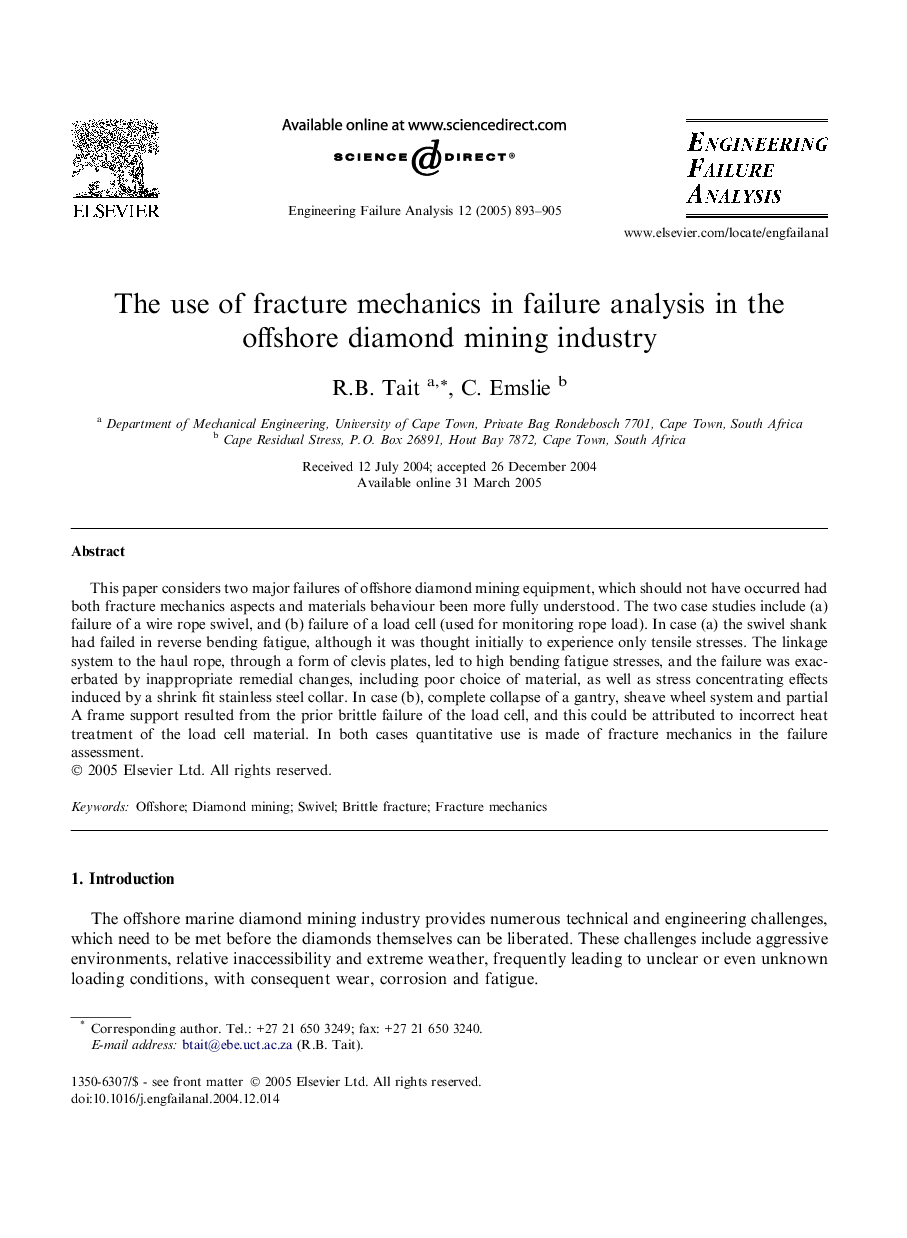 The use of fracture mechanics in failure analysis in the offshore diamond mining industry