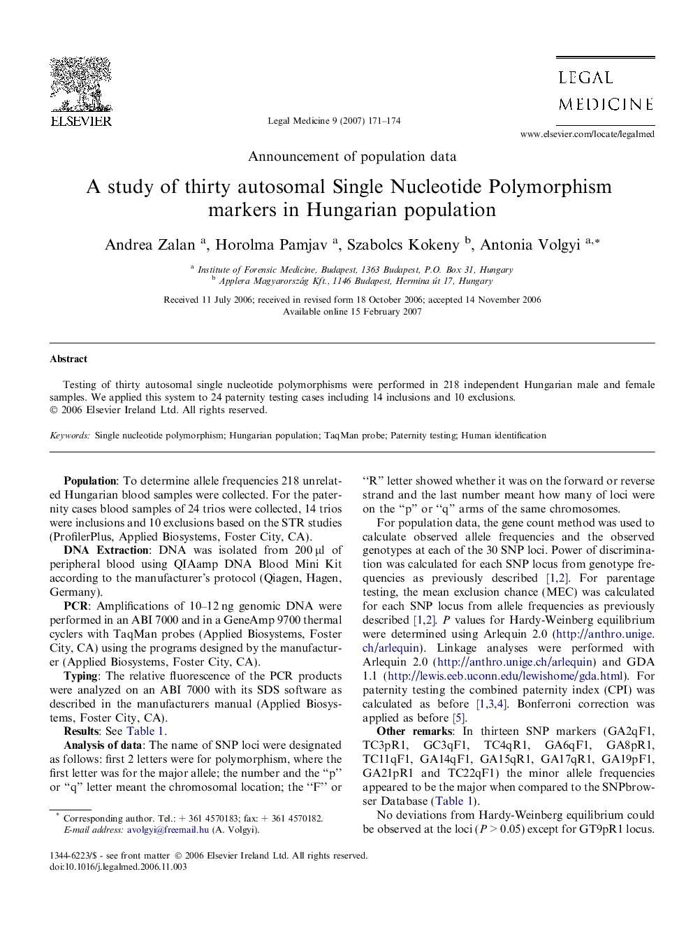 A study of thirty autosomal Single Nucleotide Polymorphism markers in Hungarian population