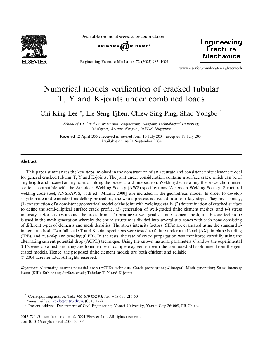 Numerical models verification of cracked tubular T, Y and K-joints under combined loads