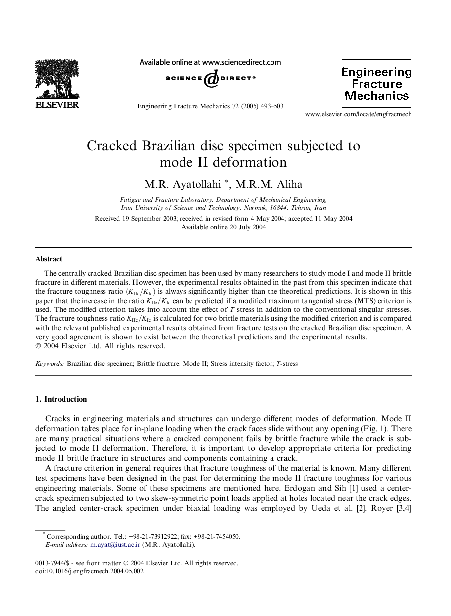 Cracked Brazilian disc specimen subjected to mode II deformation