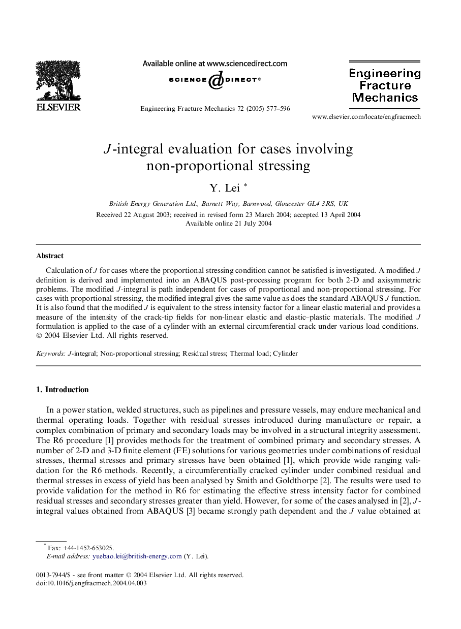 J-integral evaluation for cases involving non-proportional stressing