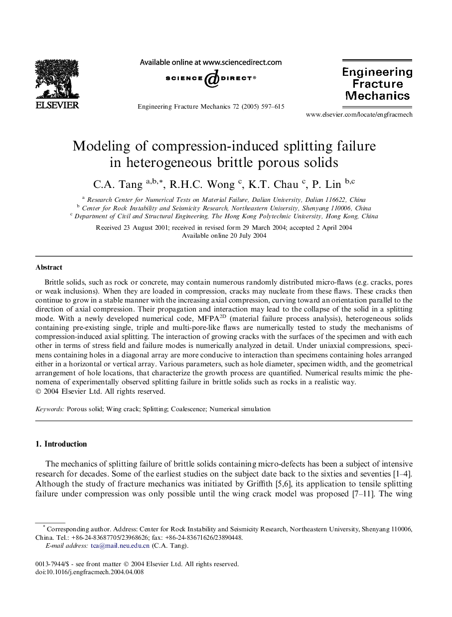 Modeling of compression-induced splitting failure in heterogeneous brittle porous solids