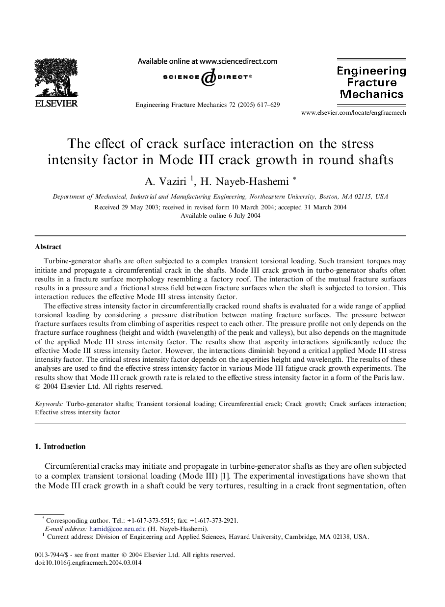 The effect of crack surface interaction on the stress intensity factor in Mode III crack growth in round shafts