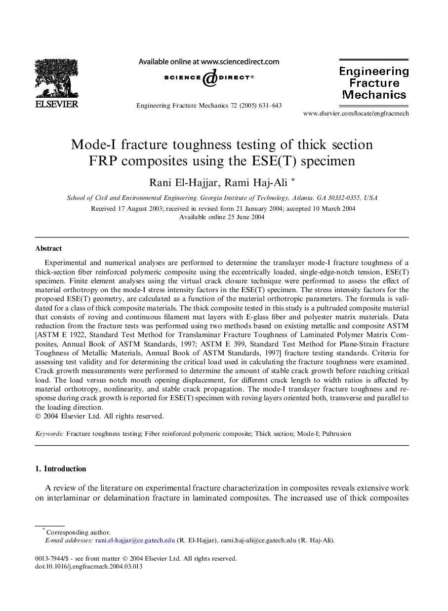 Mode-I fracture toughness testing of thick section FRP composites using the ESE(T) specimen