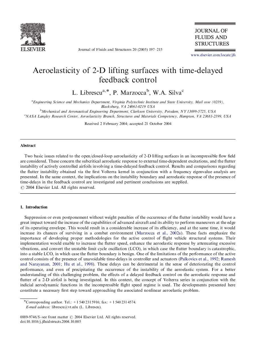 Aeroelasticity of 2-D lifting surfaces with time-delayed feedback control