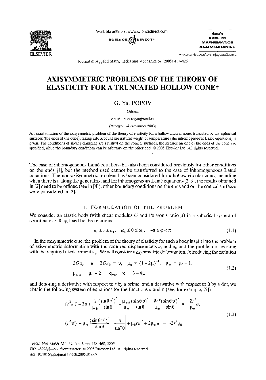 Axisymmetric problems of the theory of elasticity for a truncated hollow cone