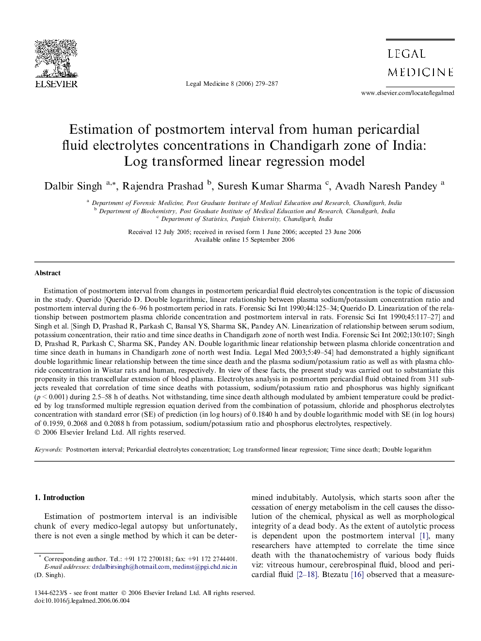 Estimation of postmortem interval from human pericardial fluid electrolytes concentrations in Chandigarh zone of India: Log transformed linear regression model