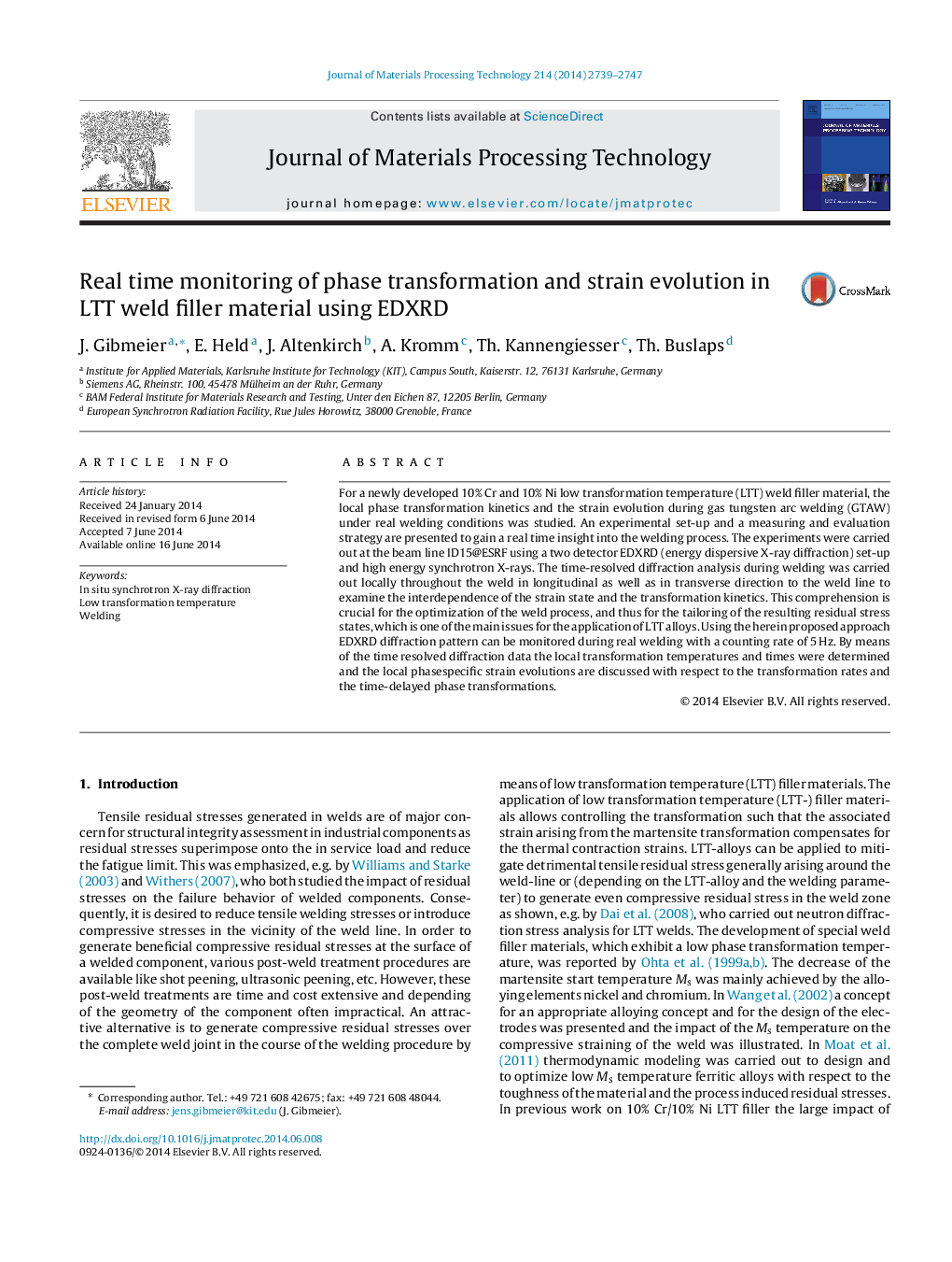 Real time monitoring of phase transformation and strain evolution in LTT weld filler material using EDXRD