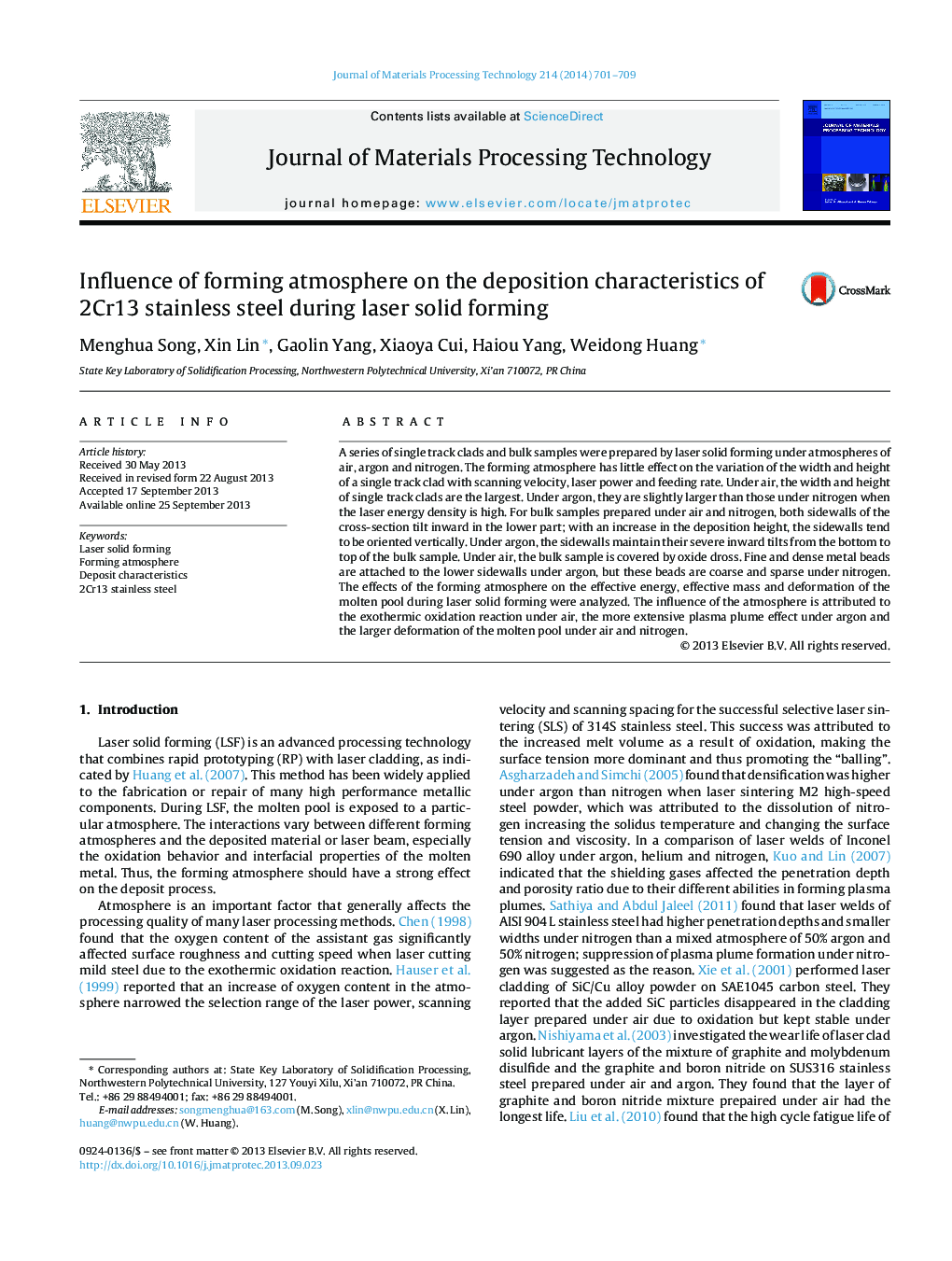 Influence of forming atmosphere on the deposition characteristics of 2Cr13 stainless steel during laser solid forming