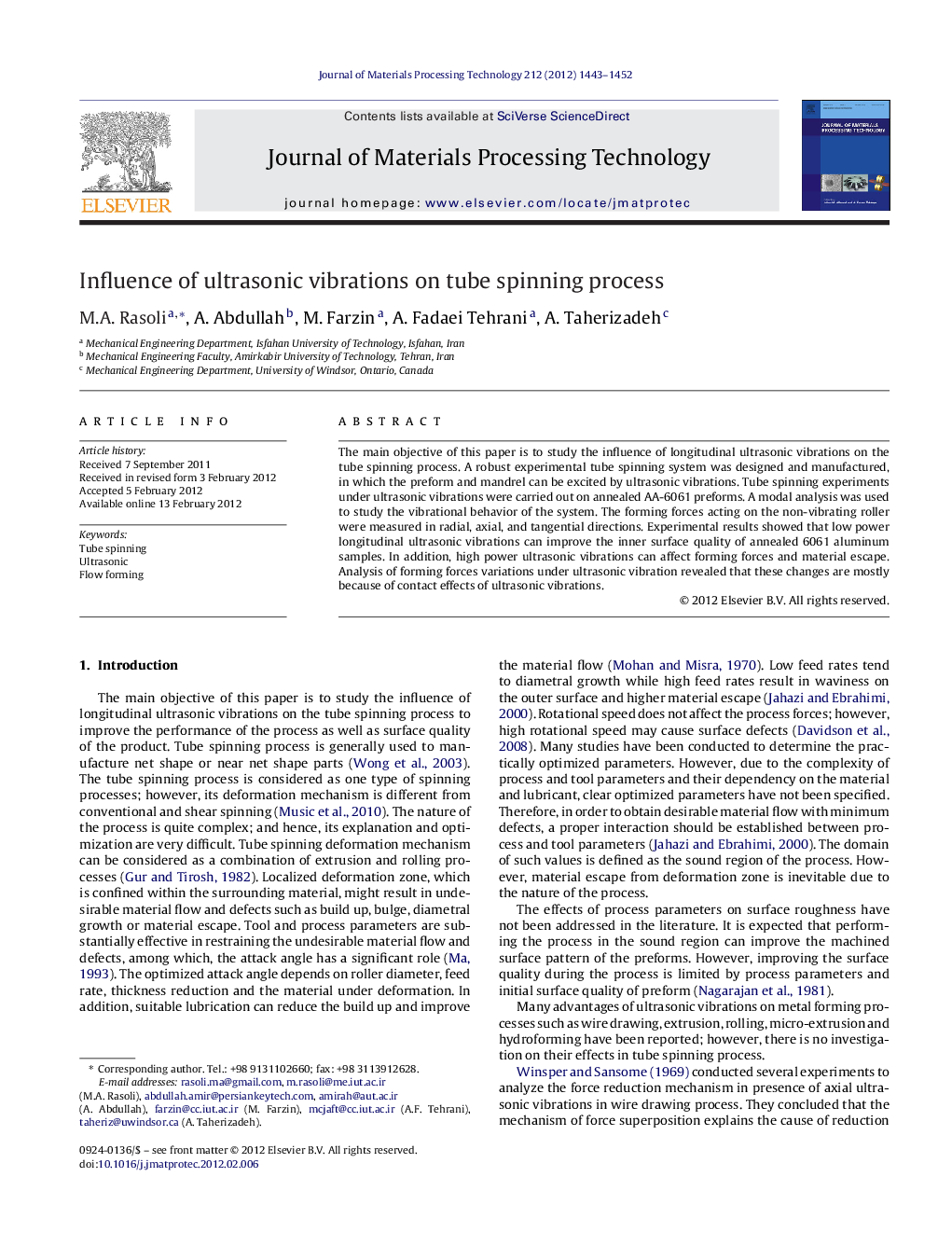 Influence of ultrasonic vibrations on tube spinning process