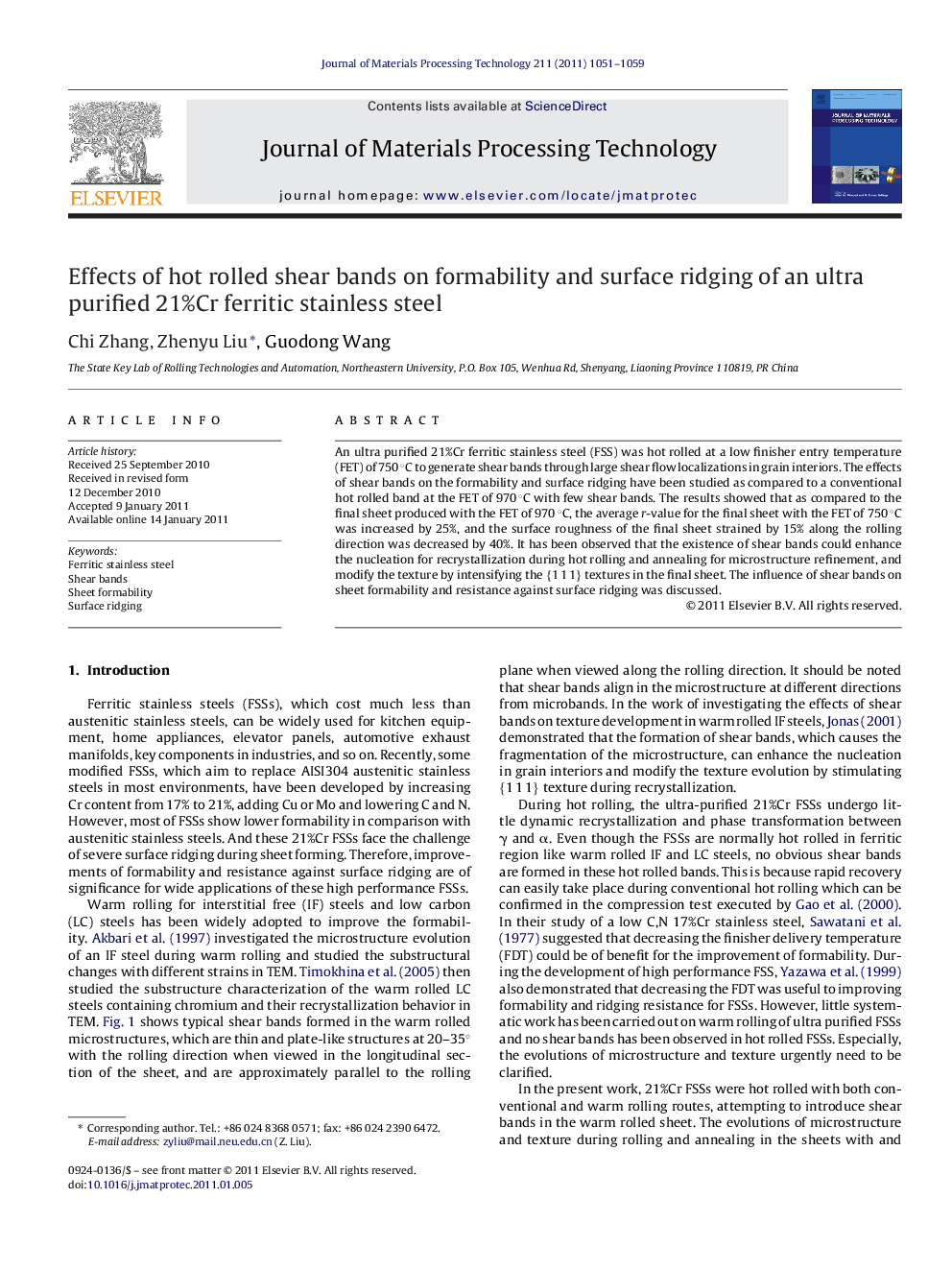 Effects of hot rolled shear bands on formability and surface ridging of an ultra purified 21%Cr ferritic stainless steel