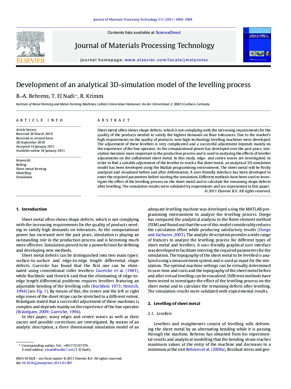 Development of an analytical 3D-simulation model of the levelling process