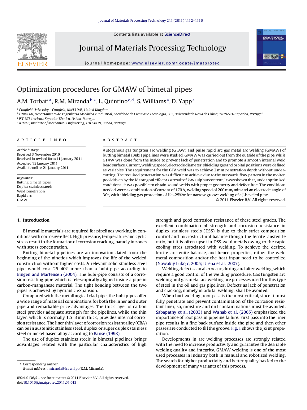 Optimization procedures for GMAW of bimetal pipes