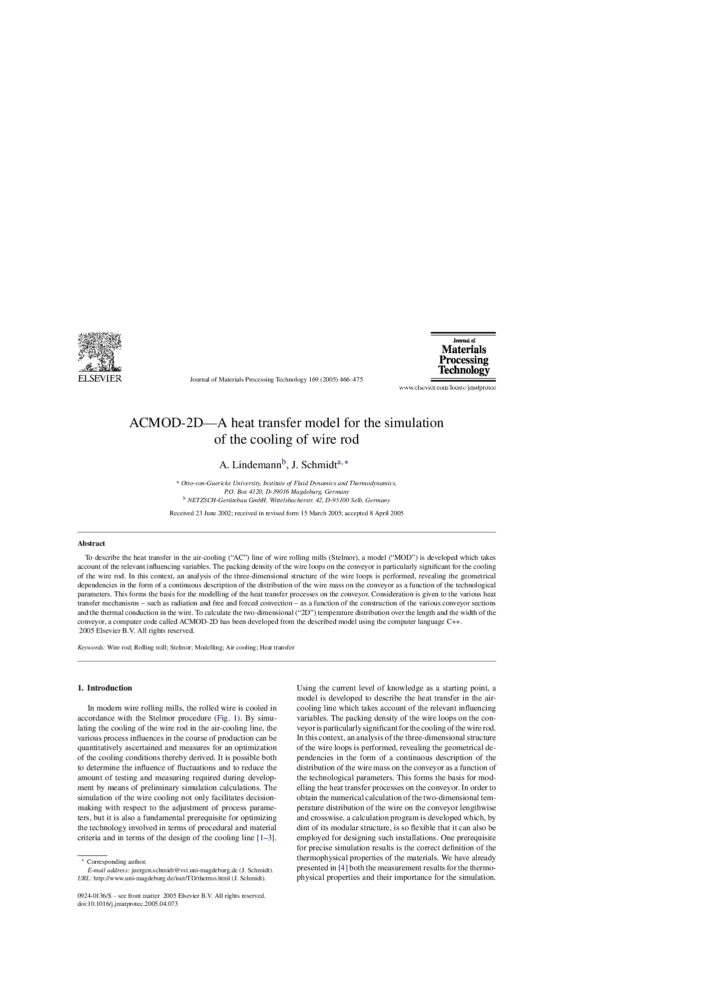 ACMOD-2D-A heat transfer model for the simulation of the cooling of wire rod