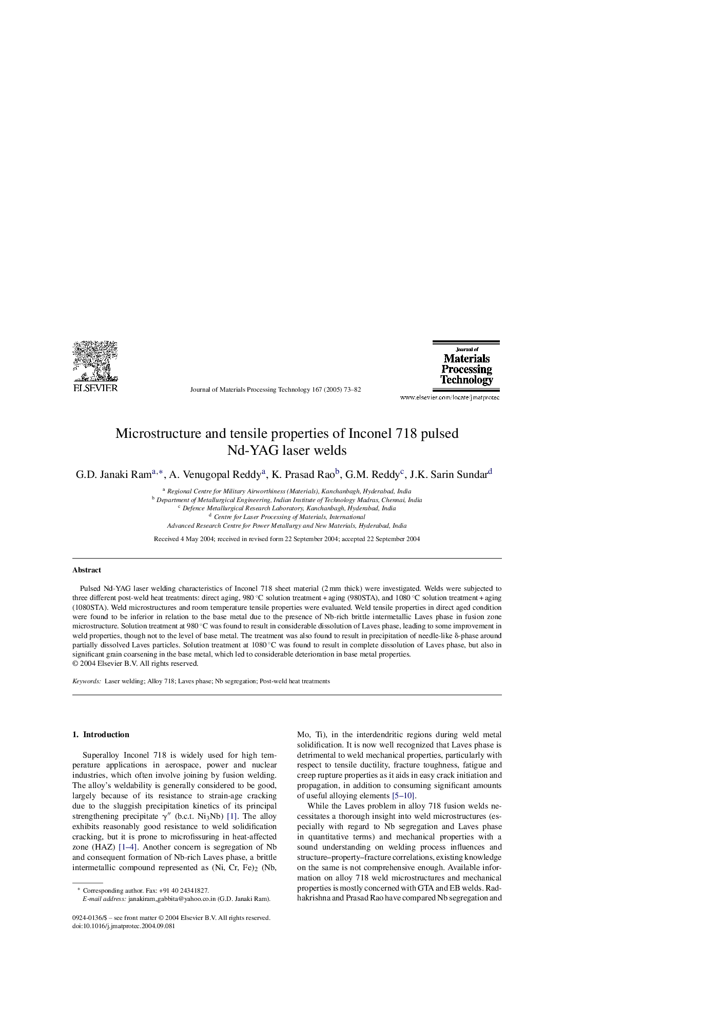 Microstructure and tensile properties of Inconel 718 pulsed Nd-YAG laser welds