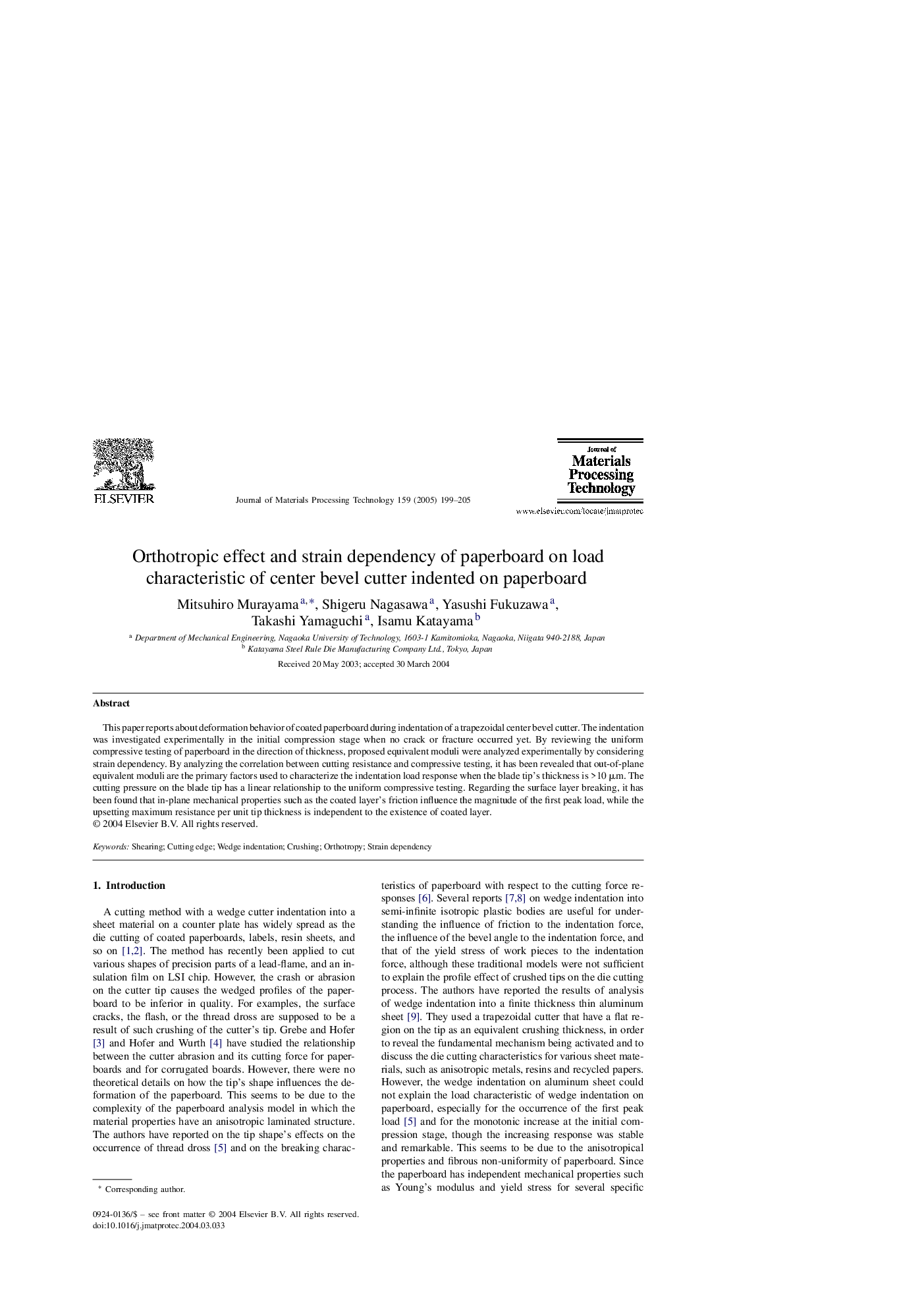 Orthotropic effect and strain dependency of paperboard on load characteristic of center bevel cutter indented on paperboard