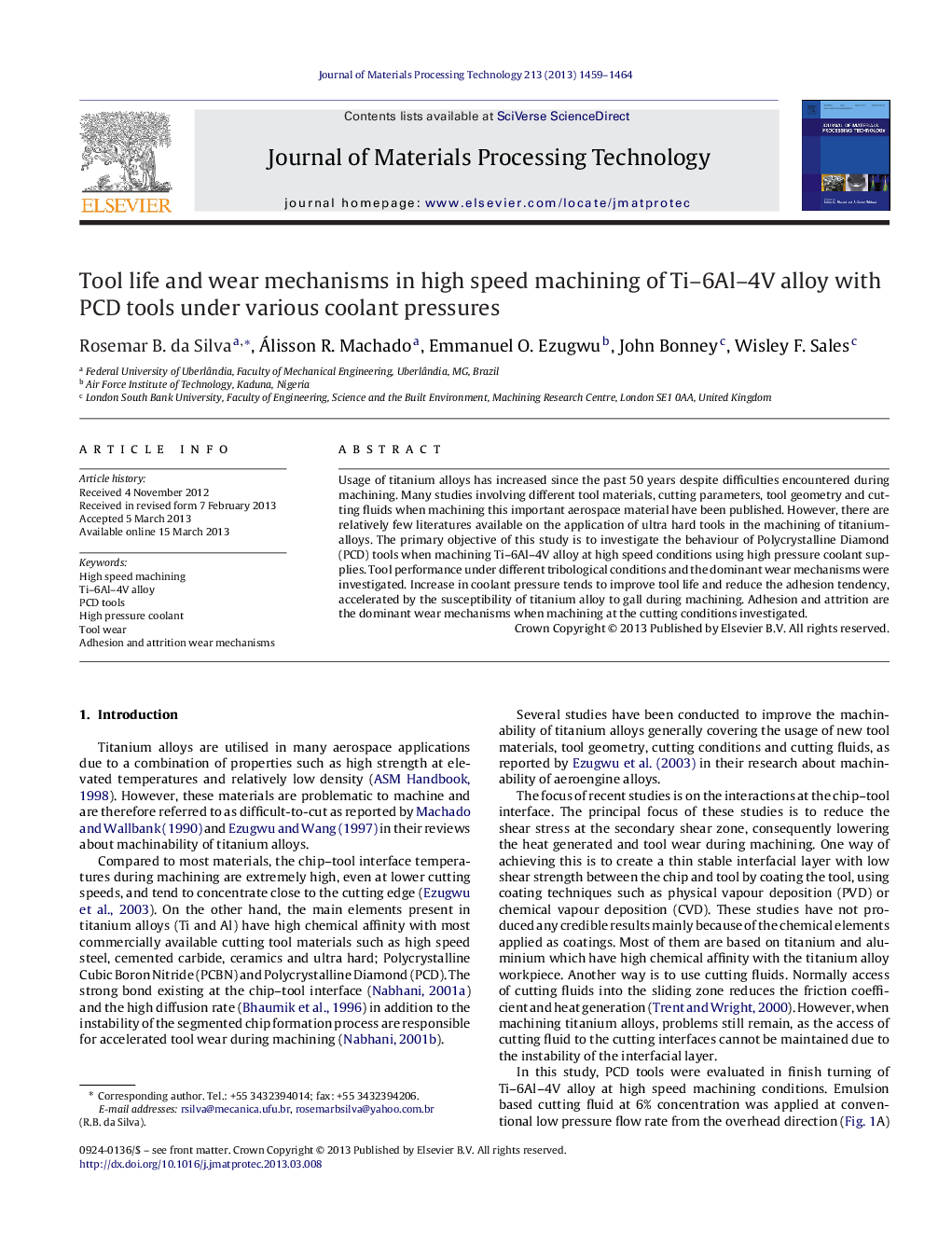 Tool life and wear mechanisms in high speed machining of Ti-6Al-4V alloy with PCD tools under various coolant pressures