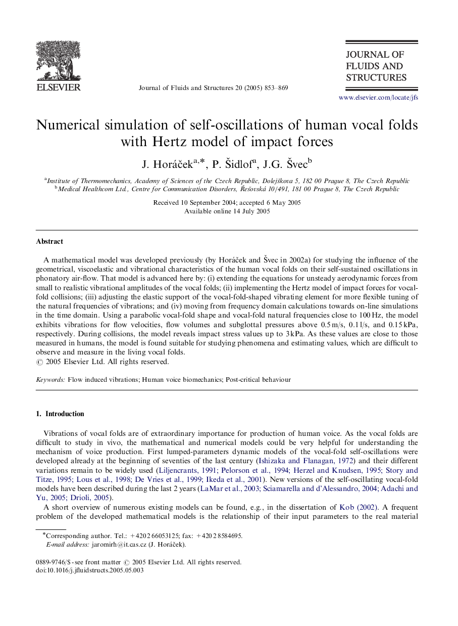 Numerical simulation of self-oscillations of human vocal folds with Hertz model of impact forces